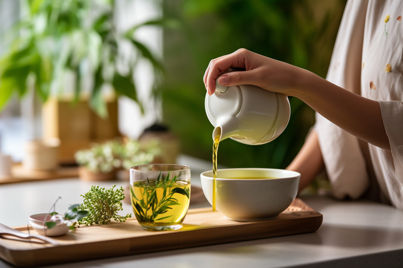 person pouring green tea